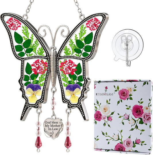 KY&BOSAM Gifts for Mom God Bless Mother in-Law Butterfly Suncatcher with Pressed Flower Wings and