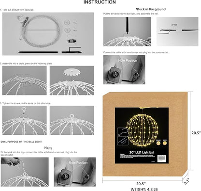 LIGHTSHARE 20IN 200LED Light Ball Yard Decoration Pathway Lights Sphere Light Fold Flat Metal Frame Indoor Outdoor Waterproof Garden Lights, Brown Frame / Warm White Lights