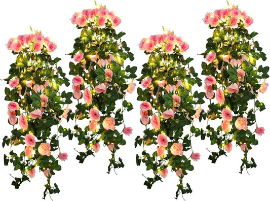 RECUTMS Artificial Hanging Rose Flower 4PCS Vine Plants with 30 LED Fairy String Lights Fake for Indoor Outside Garden Porch Farmhouse (Pink)