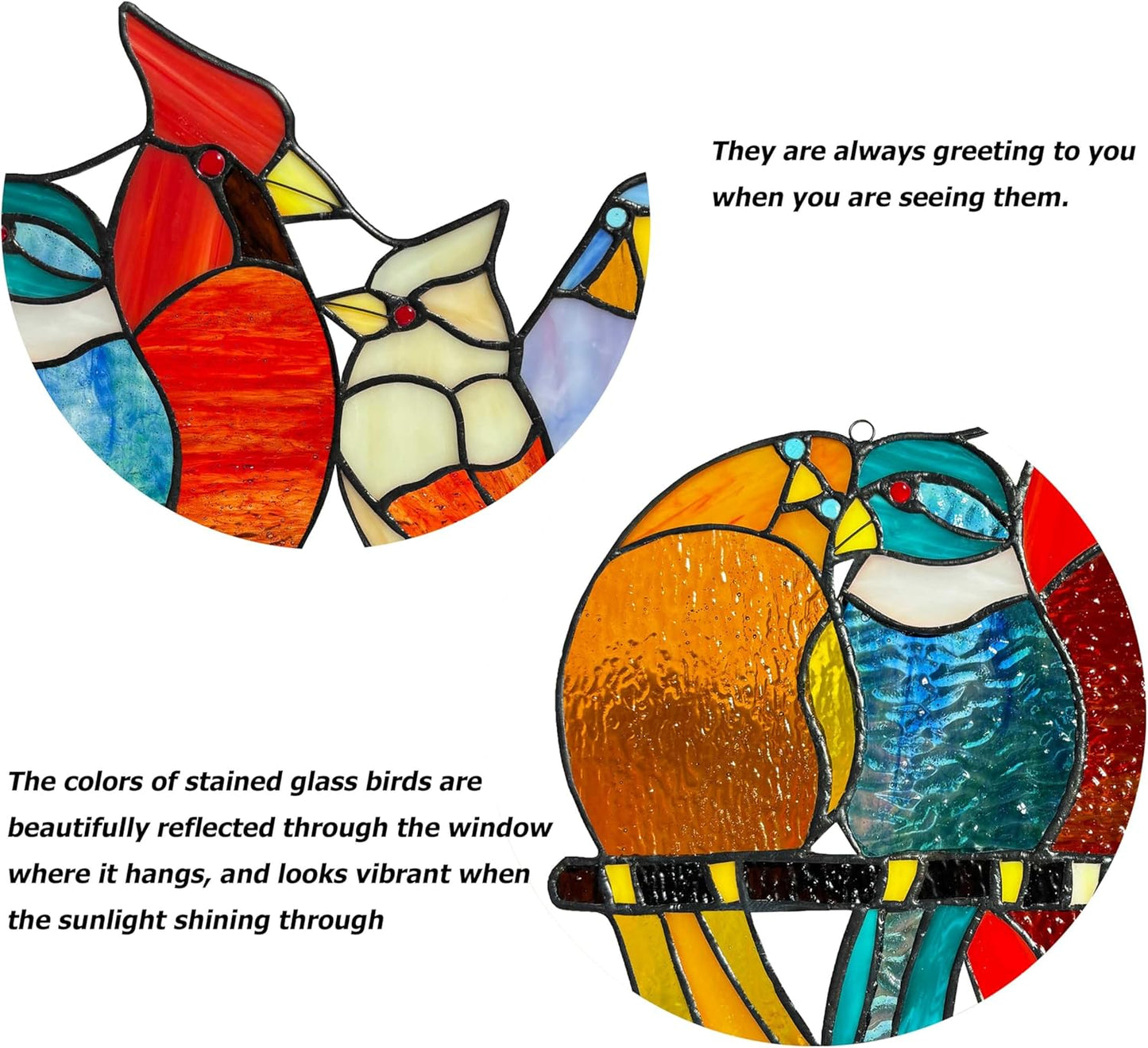 Stained Glass Birds Window Hangings, 9 Multicolor Stained Glass Birds on Branch Suncatcher, Handmade Tiffany Style Bird Lovers Gifts Decor for Mother, Women.