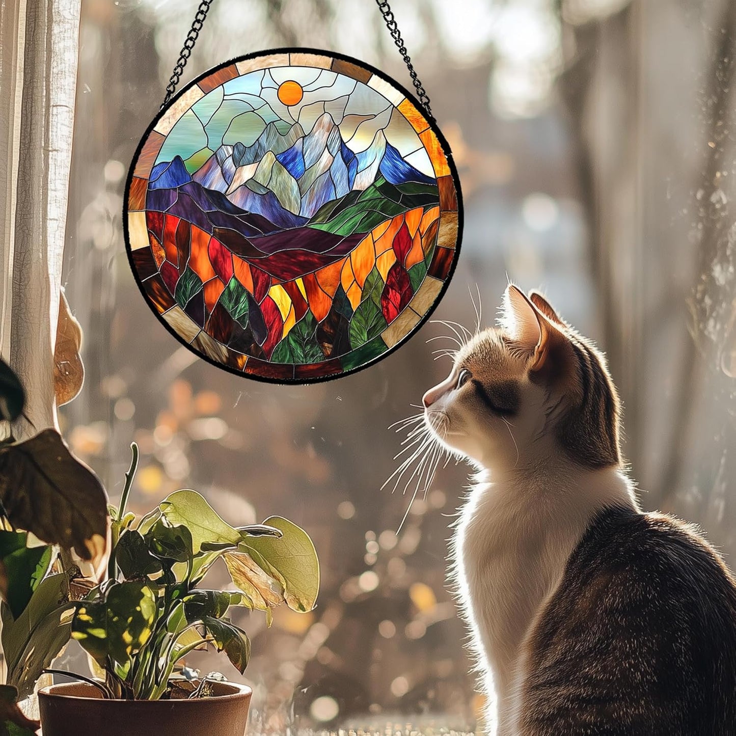 Stained Glass Window Hanging Orange Sun Colorful Mountains Landscape Large 11.8" - Suncatcher Door Garden Sun Catcher Home Decor Birthday Christmas for Mom Men Woman Friend