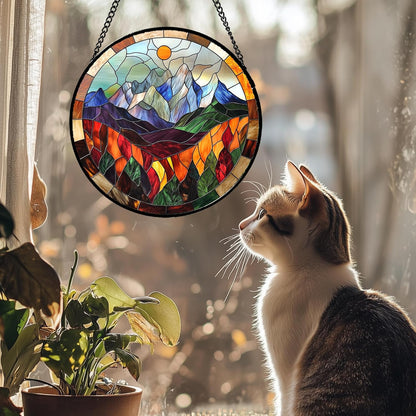 Stained Glass Window Hanging Orange Sun Colorful Mountains Landscape 9.8" - Suncatcher Door Garden Sun Catcher Home Decor Birthday Christmas for Mom Men Woman Friend
