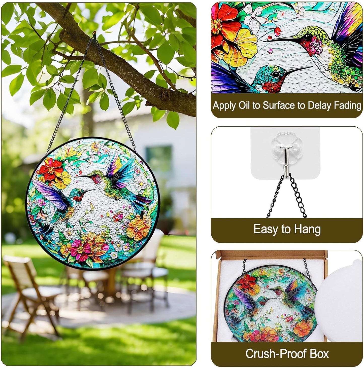 Hummingbird Suncatcher Stained Glass Window Hanging | 7.87" Round Sun Catchers Indoor Window Decor Outdoor Garden & Wall | Stain Glass Sun Catcher Gifts for Women & Bird Lovers