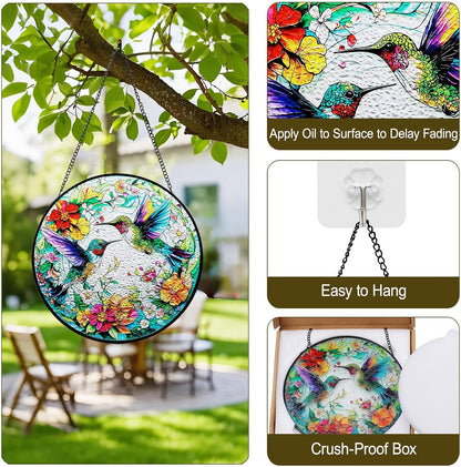 Hummingbird Suncatcher Stained Glass Window Hanging | 7.87" Round Sun Catchers Indoor Window Decor Outdoor Garden & Wall | Stain Glass Sun Catcher Gifts for Women & Bird Lovers