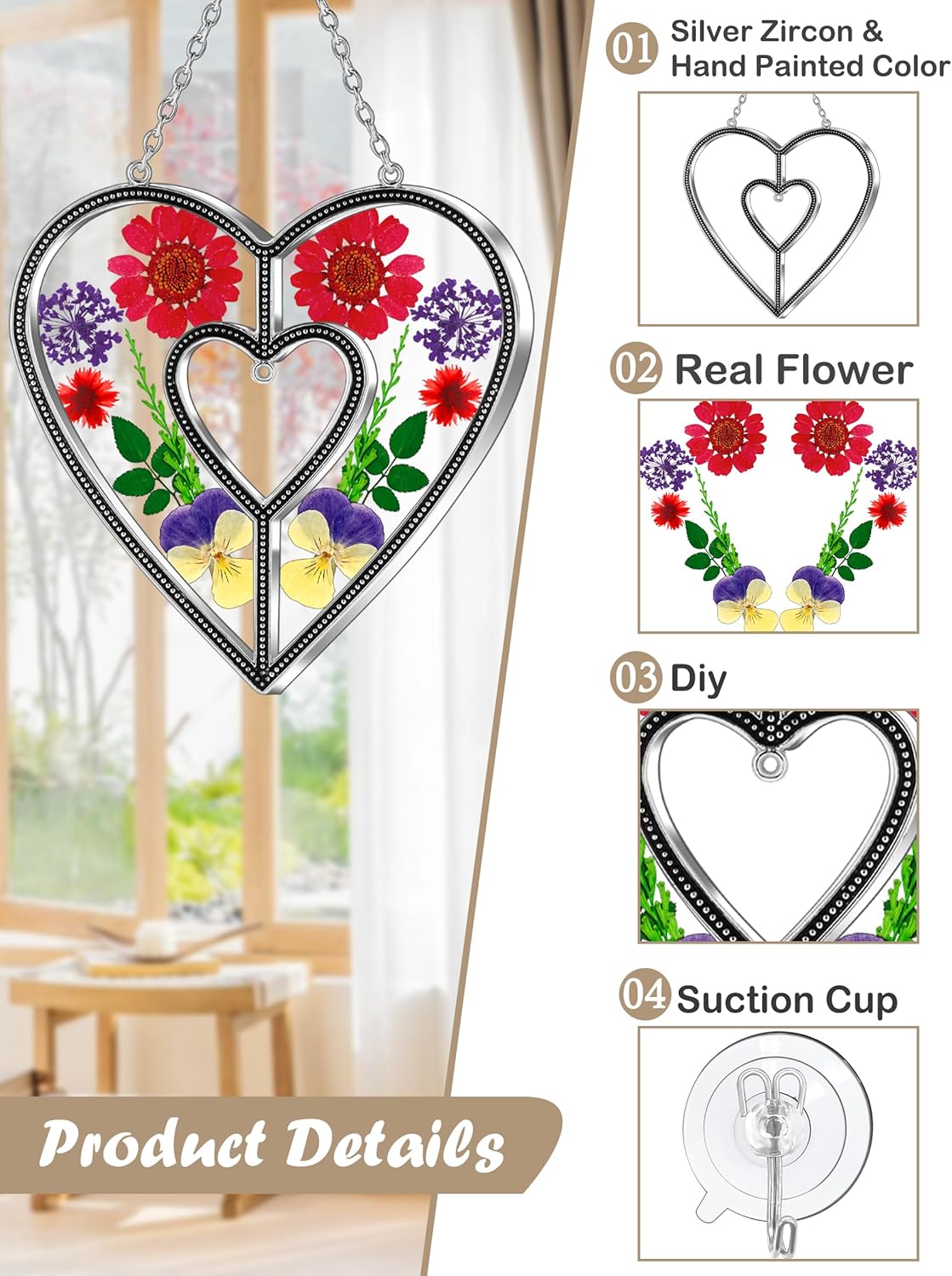 KY&BOSAM Heart Suncatchers DIY Stained Glass Hangings for Windows Wind Chimes Home Gardner Decor with Pressed Real Flowers Heart No Charm Birthday Gifts for Women Mother`s Day Christmas Ornamets