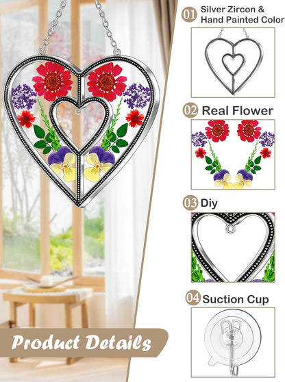 KY&BOSAM Heart Suncatchers DIY Stained Glass Hangings for Windows Wind Chimes Home Gardner Decor with Pressed Real Flowers Heart No Charm Birthday Gifts for Women Mother`s Day Christmas Ornamets