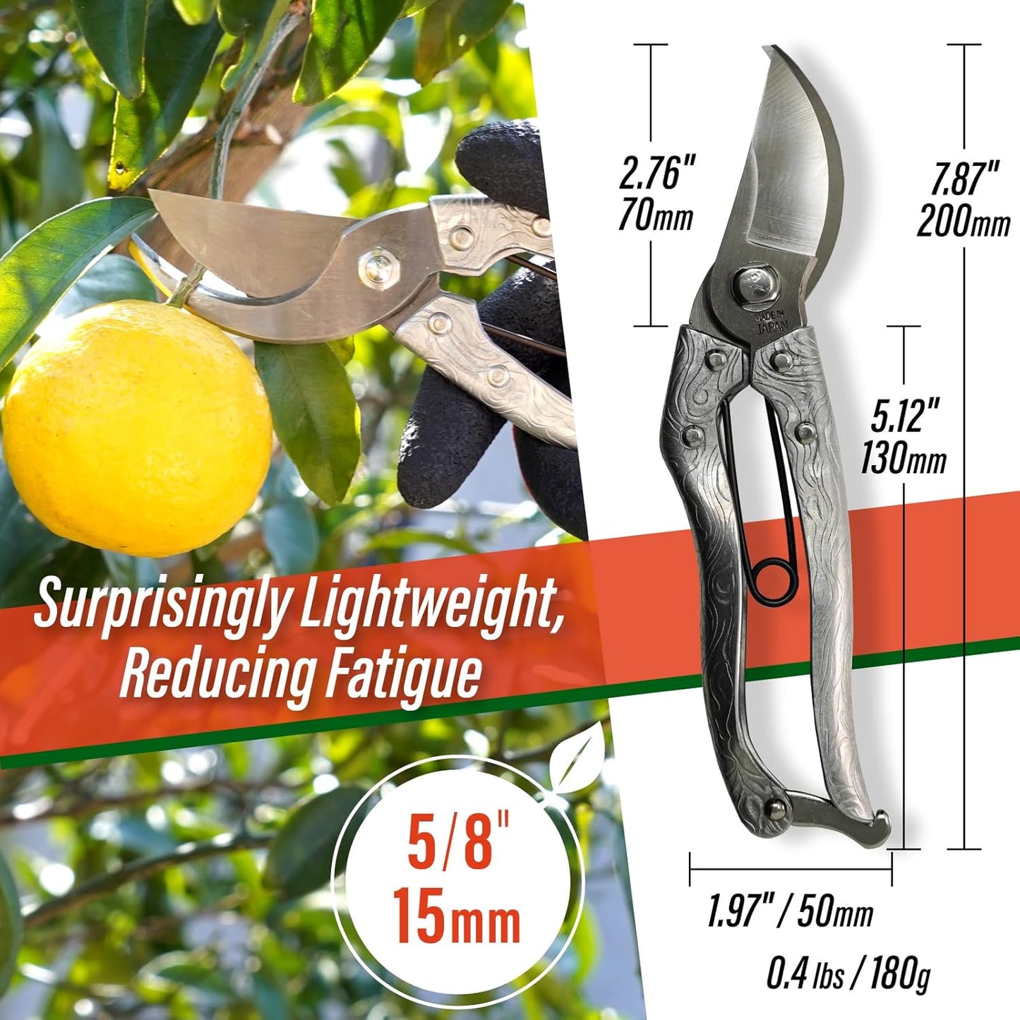 SUIZAN Bypass Pruning Shears 8” Forged Aluminum Handle - Professional Japanese Hand Pruners Garden Scissors Gardening Tools