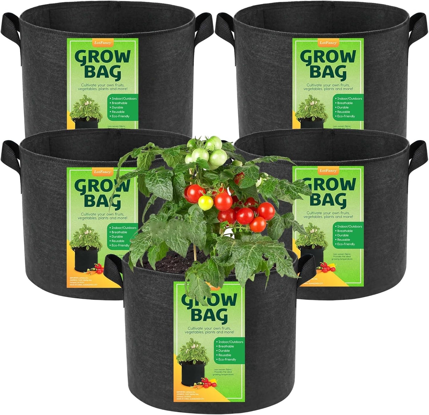 LotFancy 5 Pack 5 Gallon Grow Bags, Thickened Nonwoven Fabric Pots with Reinforced Handles, Heavy Duty 300G Aeration Planter Bags for Vegetables Flowers Fruits, Black