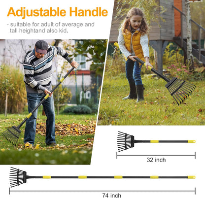 73" Leaf Rake- 11 Metal Tines 8.5" Wide- Small Leaves Rakes for Gardening- Adjustable Metal Leaf Rake for Picking Leaves Yard Women Kids Gardening RV Camping