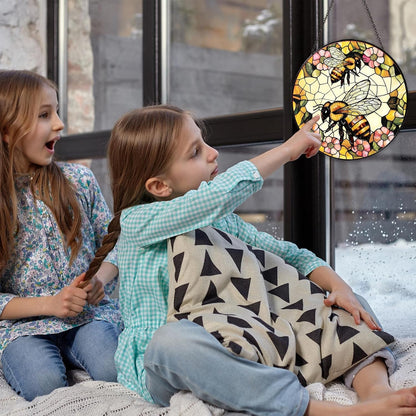Bee Wildflower Stained Glass Window Hanging Bee Sun Catcher Honeybee Gifts for Women Christmas Suncatchers for Garden Home Windows Hanging Decoration, 7.87inch