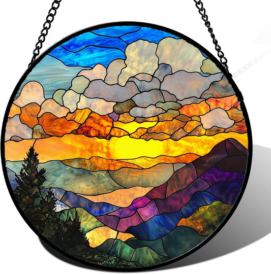 Stained Glass Window Hanging, Abstract Clouds Mountains Landscape Suncatcher for Doors Window Home