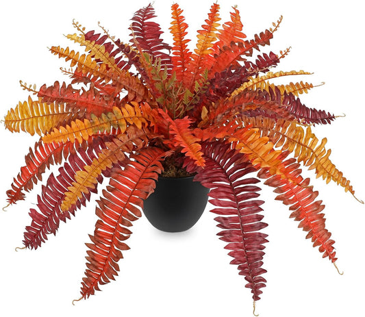 Hollyone Fake Boston Fern in Pot Fall Faux Fern Medium Potted Plant Medium Autumn Decor Plants Outdoor Indoor Autumn Boston Ferns Artificial Plants for Patio Garden Farmhouse Fall Decorations for Home
