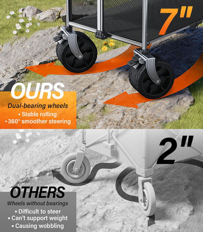 Collapsible Wagon Double Decker Wagons Carts Foldable for All Terrain, Grey