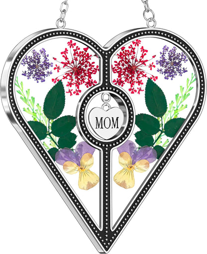 KY&BOSAM Heart Suncatcher Mom Gifts Stained Glass for Windows Hangings Wind Chimes Ornament,Pressed Flower in Glass and Metal Trim Mom Heart Charm Gift for Women Mother`s Day Birthday Christams Decor