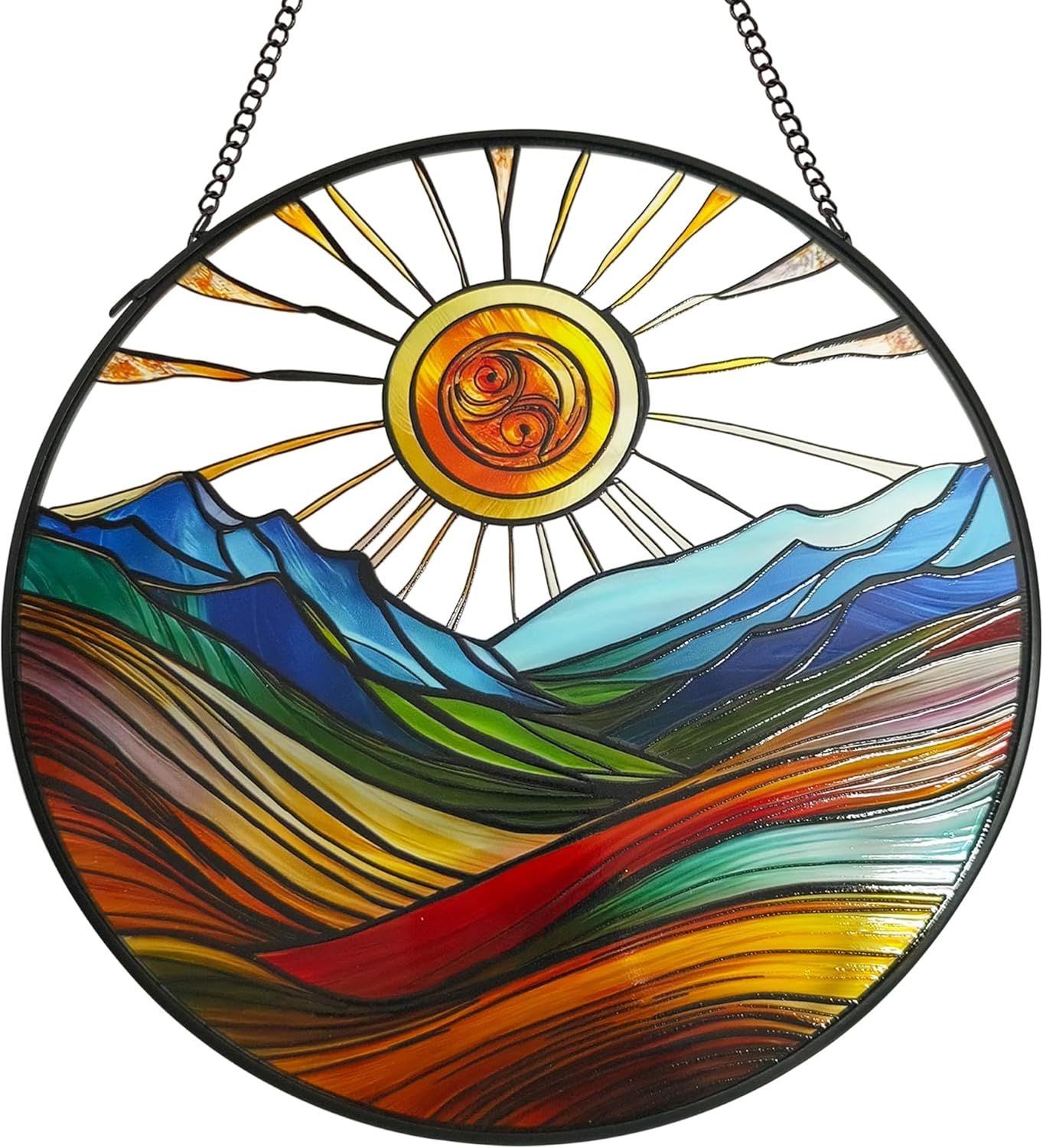 Sun Mountains Stained Glass Window Hanging, 7.9'' Sun Catchers Indoor Window Boho Wall Art Decor with Chain, Hand Painted Sun Catcher Gifts for Couples, Women