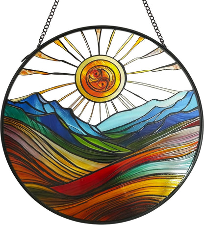 Sun Mountains Stained Glass Window Hanging, 7.9'' Sun Catchers Indoor Window Boho Wall Art Decor with Chain, Hand Painted Sun Catcher Gifts for Couples, Women