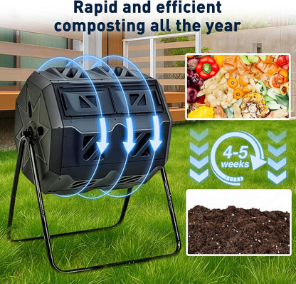 Yesker Dual Chamber Compost Bin Outdoor, 43 Gallon Rotating Tumbling Composter with Sliding Doors, Fast Assembly for Garden, Backyard & Kitchen Waste