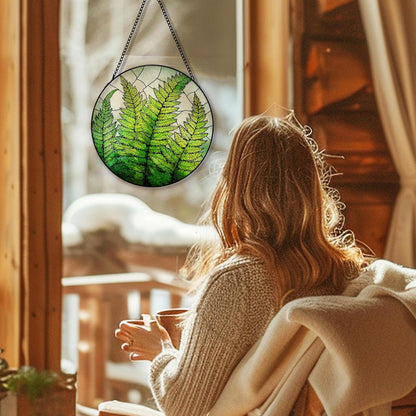 Fern Plant Suncatcher Stained Glass Window Hanging, Plant Lovers Gifts Sun Catchers Indoor Window Glass Round Wall Decor, Fern Plant Botanical Wall Art Hanging Decorations, ＂7.8x7.8＂