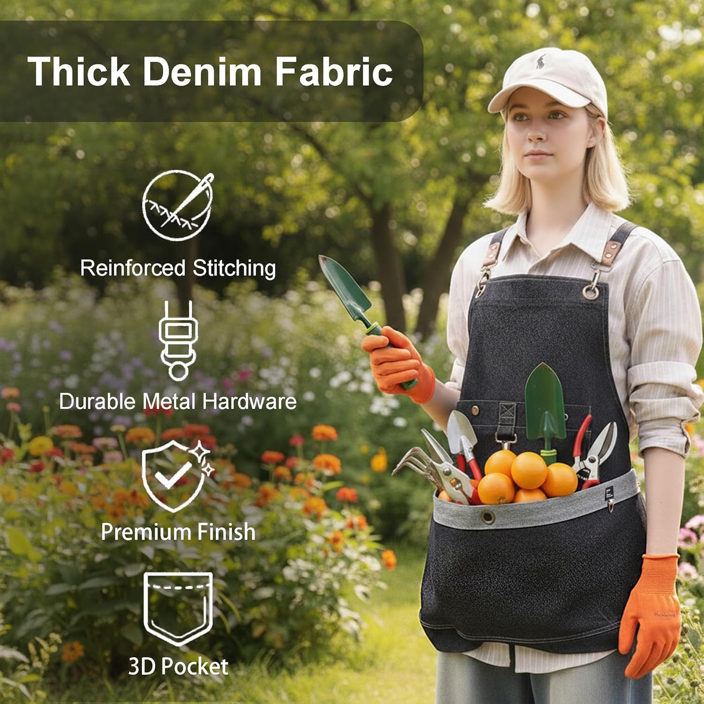 Gardening Apron – Denim Cross Back Garden & Harvest Apron with Adjustable Straps and Large Pockets for Women & Men