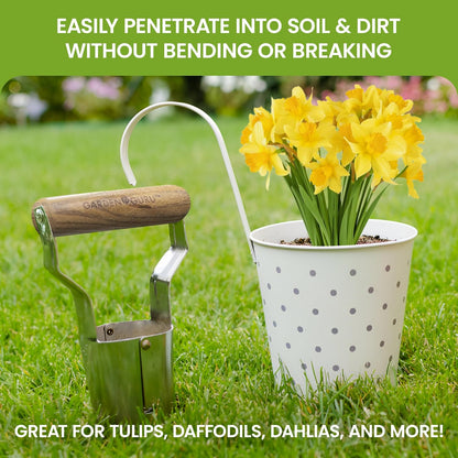 Garden Guru Eco Bulb Planter - 100% Recycled Stainless Steel - Rust Resistant - FSC Certified Wood Ergonomic Handle - Depth Marker for Consistent Planting Flowers Tulips, Daffodils, Dahlias