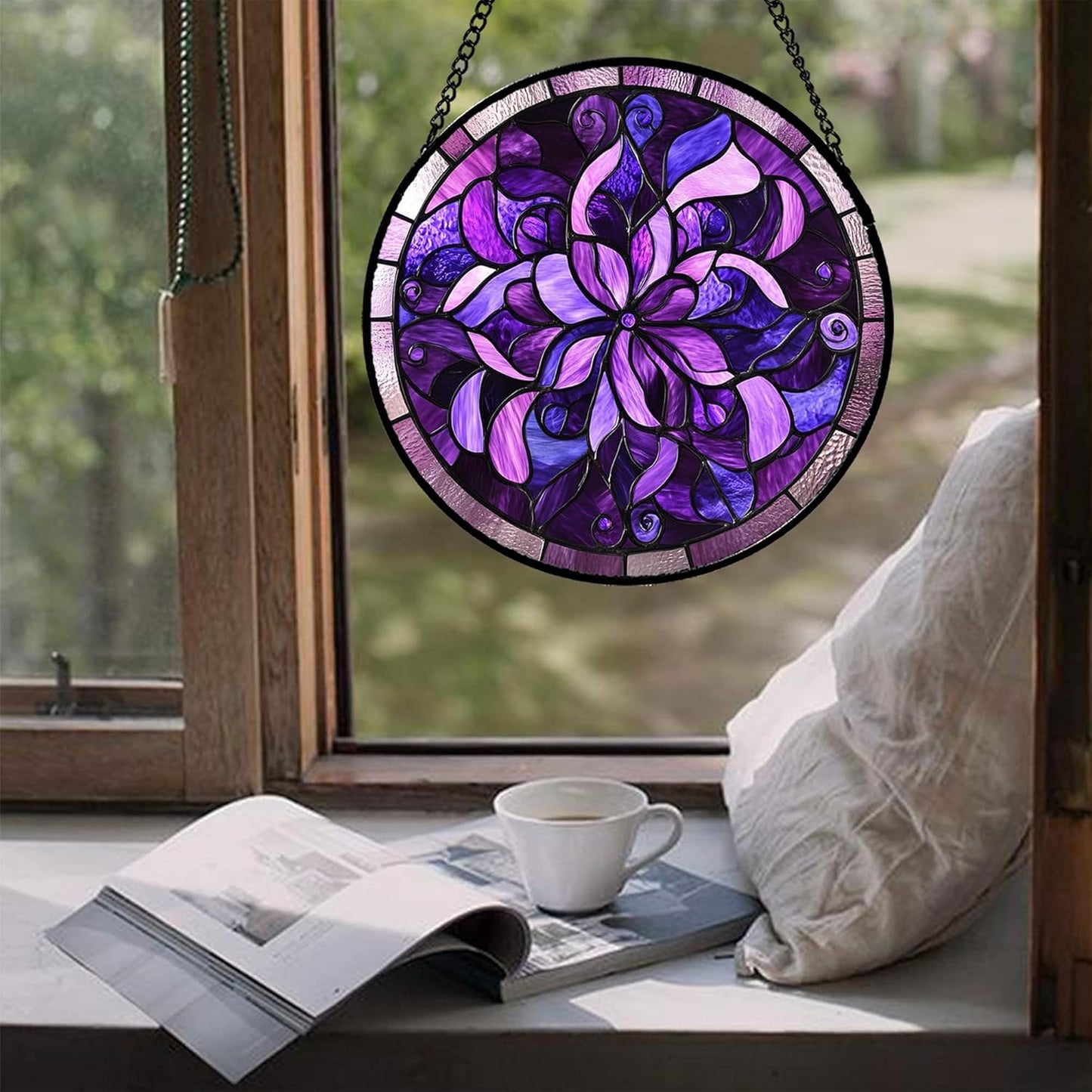 Stained Glass Window Hanging - Purple Abstract Flower Suncatcher for Door Garden Patio Sun Catchers Decor Christmas Mother's Day Birthday Gifts for Women Men Mom Nana Aunt Friend 9.8 in
