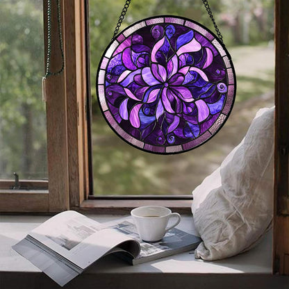 Stained Glass Window Hanging - Purple Abstract Flower Suncatcher for Door Garden Patio Sun Catchers Decor Christmas Mother's Day Birthday Gifts for Women Men Mom Nana Aunt Friend 9.8 in