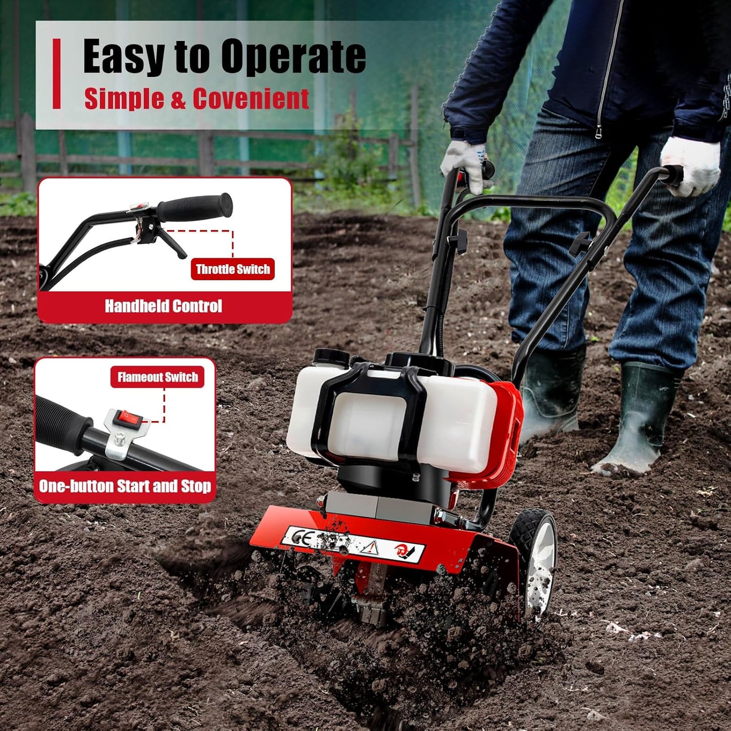 Mini Tiller Cultivator, Powerful 52cc Two-Stroke Single-Cylinder Gasoline Engine, Gear Drive Transmission, Height Adjustable Wheels, for Gardening RED