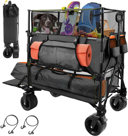 HOPERAN 550L XXL Wagons Carts Foldable, 54" Extra Length & Height Double Deck Collapsible Wagon Cart with Tailgate, 8" Big All-Terrain Wheels, 550lbs Load Utility Grocery Cart for Camping,Sports,Beach