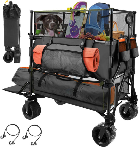 HOPERAN 550L XXL Wagons Carts Foldable, 54" Extra Length & Height Double Deck Collapsible Wagon Cart with Tailgate, 8" Big All-Terrain Wheels, 550lbs Load Utility Grocery Cart for Camping,Sports,Beach