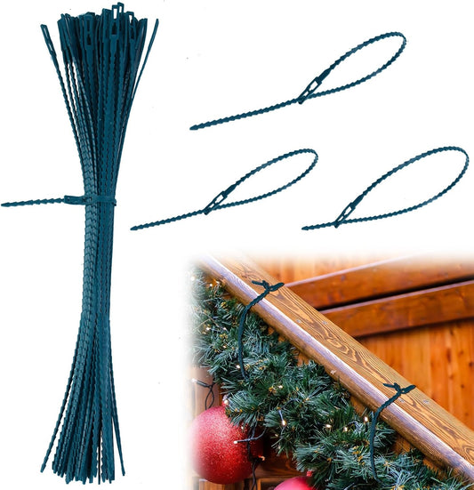 100pcs Christmas Garland Ties Green Flexible Self Locking Nylon Strap 15.7Inch Adjustable Reusable Garland Hanger Decorating Holiday Banister Twist Ties for Christmas Light Wreath Making Door Stairway