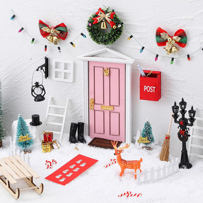 Shappy 39 Pcs Christmas Fairy Door Kit Wooden Elf Fairy Doors Decorations with Accessories Mini Door Tiny Miniature for Christmas Tale DIY Craft Garden Home Party Decoration (Pink)