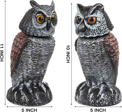 Hedoc 2 Pack Fake Owl Decoys to Scare Birds Away, Rotating Head Bird Deterrents, Nature Enemy Scarecrow Plastic Statues, Pest Repellent for Gardens and Patios