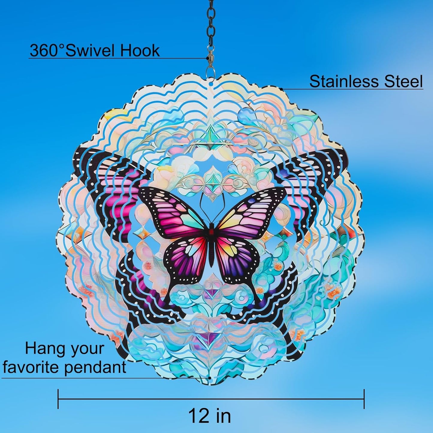 Metal Wind Spinners for Outdoor,Birthday Gifts for Women Mom Grandma, 12 Inch Purple Butterfly Wind Spinner, Kinetic Sculpture Garden Decor for Ornament Gifts