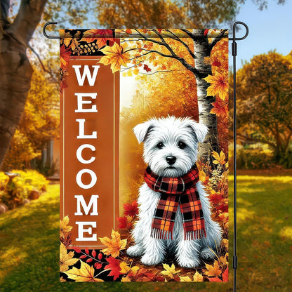 Thanksgiving Fall Garden Flag 12x18 Inch Welcome West Highland White Terrier Dog Outdoor Flag Double Sided Autumn Yard Banner with Plaid Scarf and Leaves Decor for Porch Lawn Patio