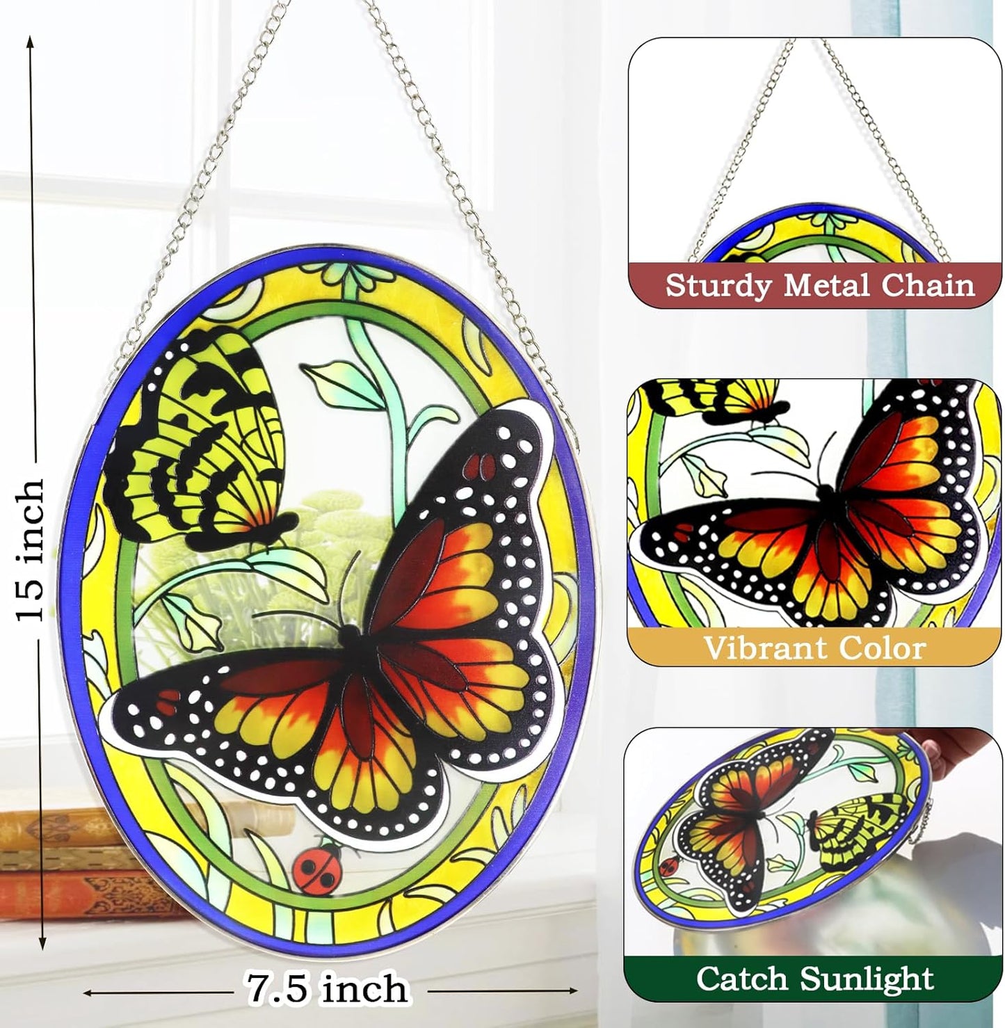Monarch Butterfly Stained Glass Window Hanging, Butterfly Decorations Gift for Women, Stained Glass Suncatcher- Window Decor, Outdoor Hanging for Garden (10.5 inch)
