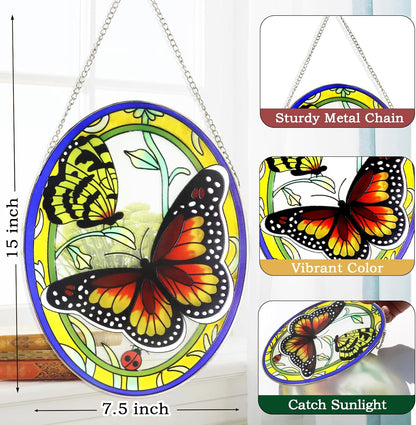 Monarch Butterfly Stained Glass Window Hanging, Butterfly Decorations Gift for Women, Stained Glass Suncatcher- Window Decor, Outdoor Hanging for Garden (10.5 inch)