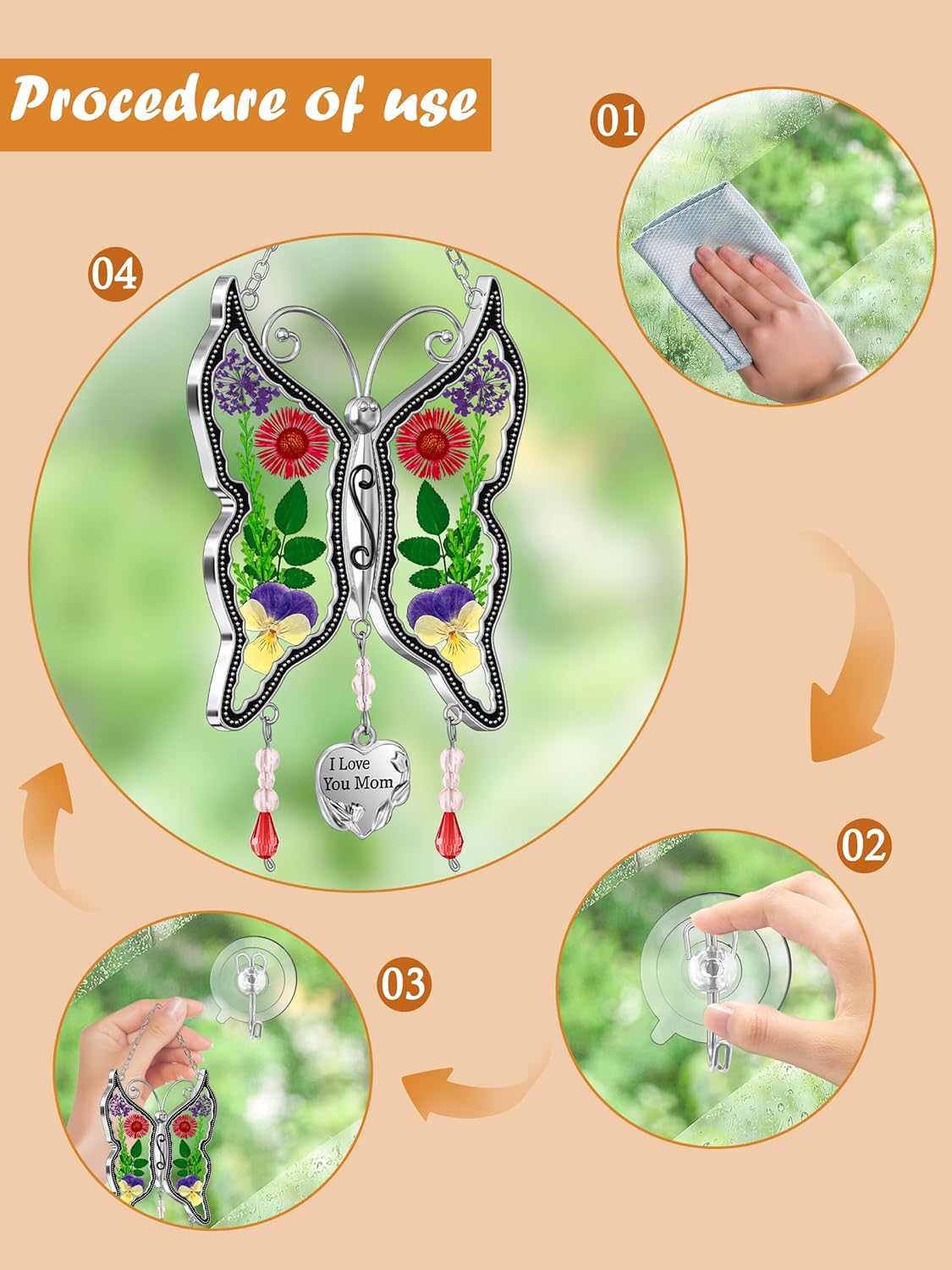 KY&BOSAM Butterfly Suncatcher Mom Gifts Stained Glass Suncathers for Windows Hangings Wind Chime with Real Flower Wings and Meatl I Love You Mom Heart Charm Birthday Gift for Women Mother`s Day