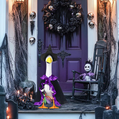 Halloween Porch Goose Witch Outfits Set for 23” Cement Lawn Goose Statue Clothes Broom Cape Costume for Patio Lawn Garden Art Decor