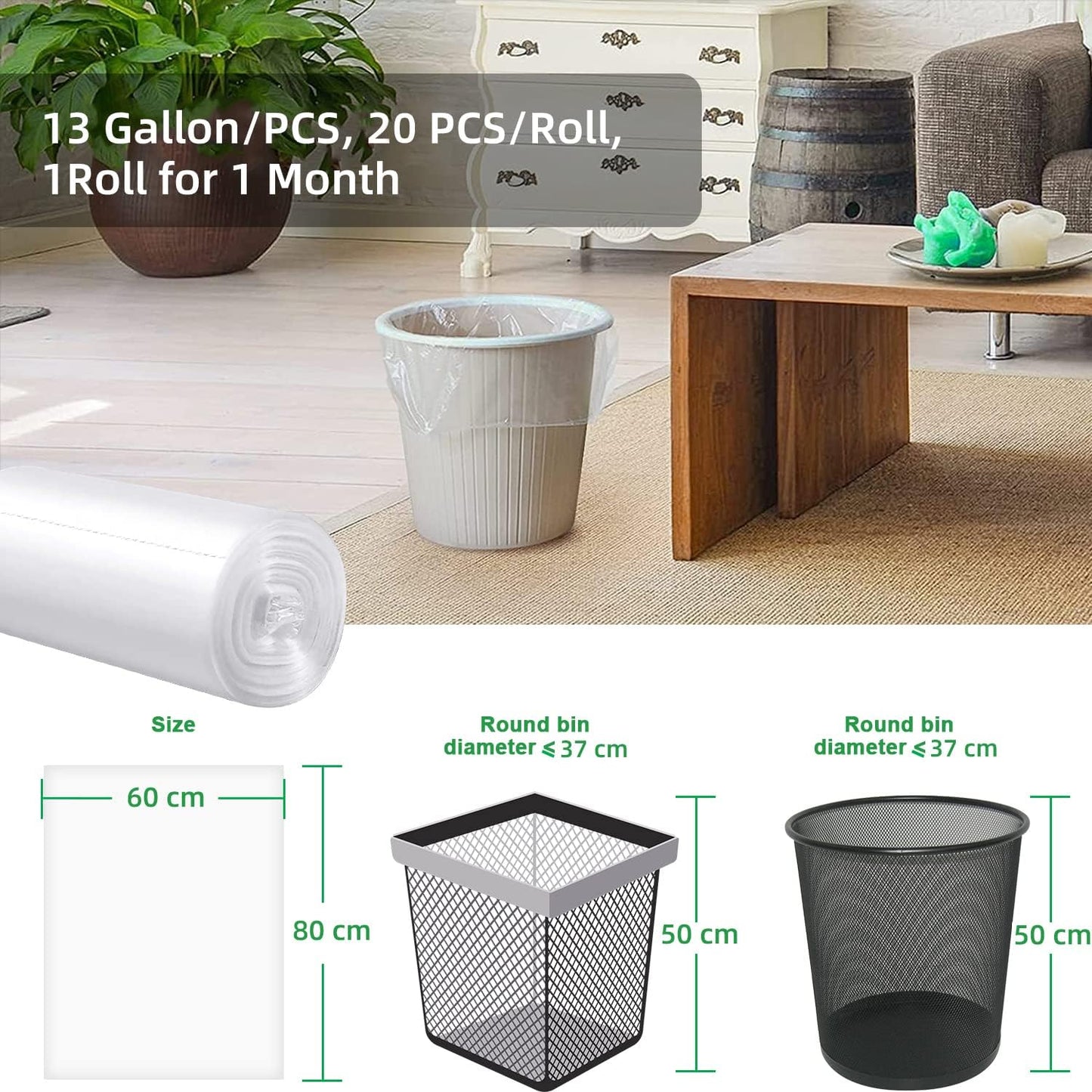 Kitchen Trash Bags 13 Gallon, 20 Counts, Flag Garbage Bags with No Flaps and No Ties, 60cm*80cm, 16.8g/pcs, Unscented, White