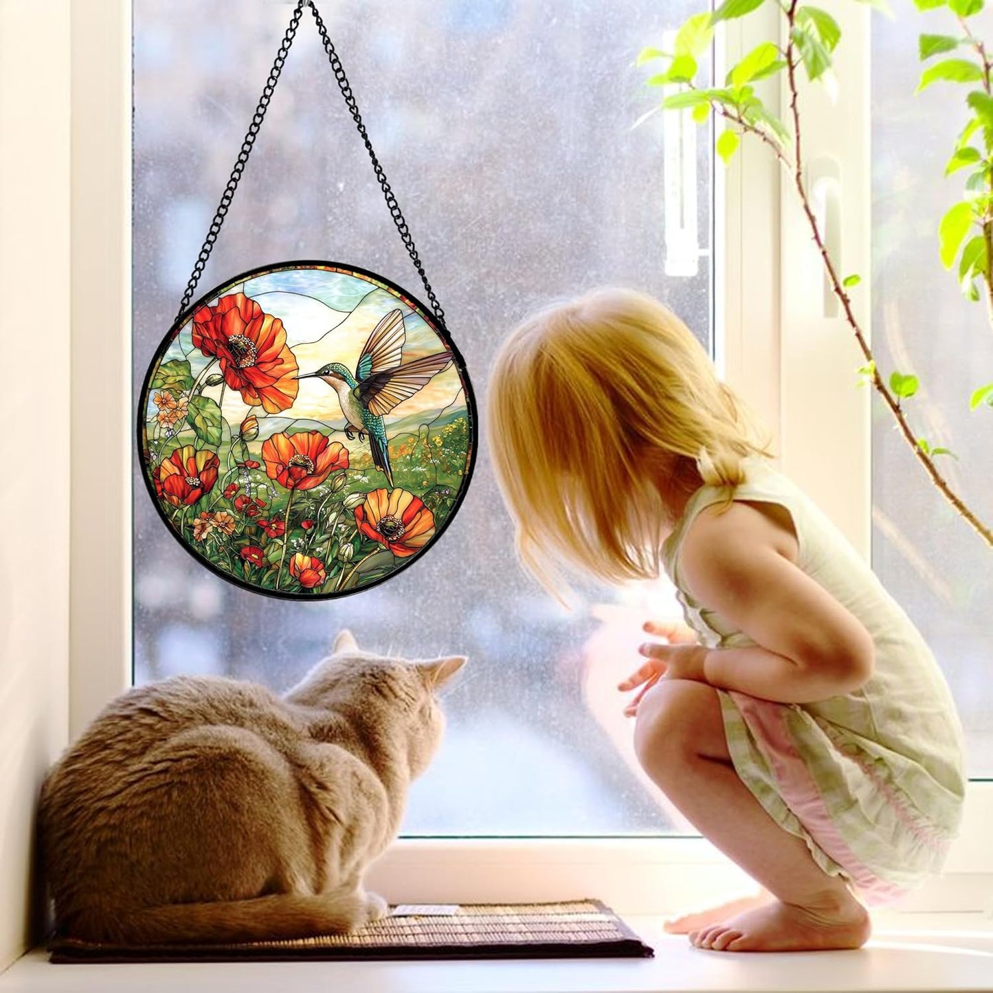 Stained Glass Window Hanging, Hummingbirds Orange Flowers Suncatcher Diamond Glass Panel Hangings Sun Catchers Decor for Birthday for Women, Men, Wife, Aunt, and Mom 6.3 in