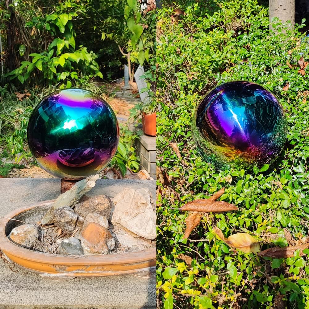 30cm/12 inch Garden Sphere Mirror Gazing Ball,Rainbow Stainless Steel Polished Reflective Smooth Hollow Globe Ball,Durable Colorful and Shiny Decorations Addition to Garden Patio Yard Home
