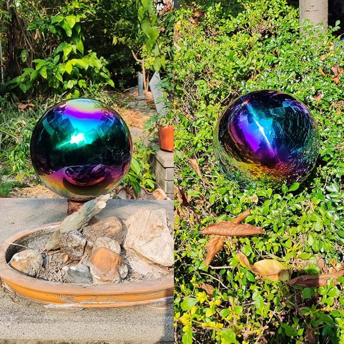 38cm/15 inch Garden Sphere Mirror Gazing Ball,Rainbow Stainless Steel Polished Reflective Smooth Hollow Globe Ball,Durable Colorful and Shiny Decorations Addition to Garden Patio Yard Home
