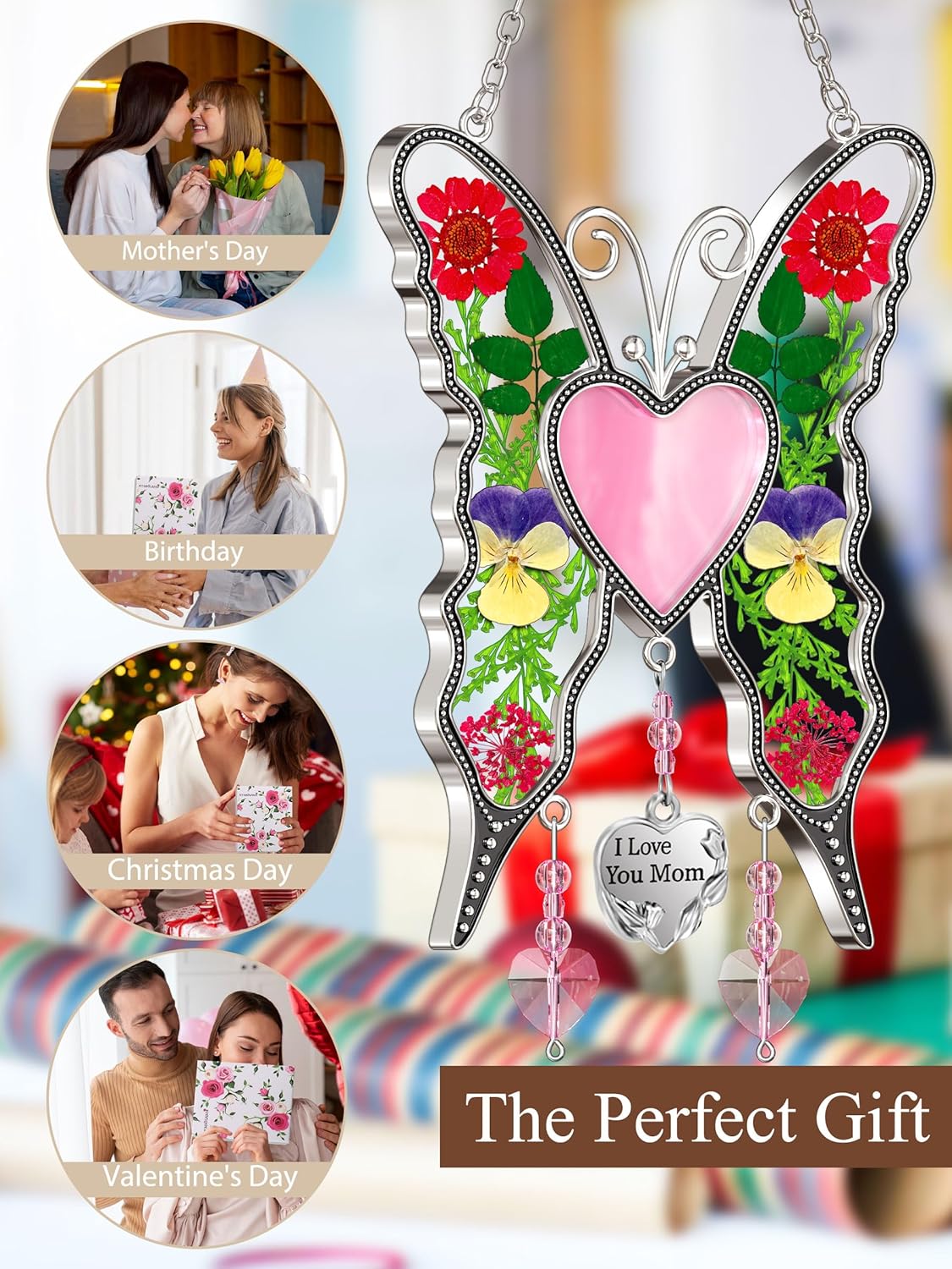 KY&BOSAM Gifts for Mom Suncatcher Butterfly Mother`s Day Gifts I Love You Mom Stained Glass Panels Heart for Window Hanging Wind Chime Pressed Real Flowers Wings Unique Design Birthday Gift for Women