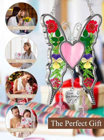 KY&BOSAM Gifts for Mom Suncatcher Butterfly Mother`s Day Gifts I Love You Mom Stained Glass Panels Heart for Window Hanging Wind Chime Pressed Real Flowers Wings Unique Design Birthday Gift for Women