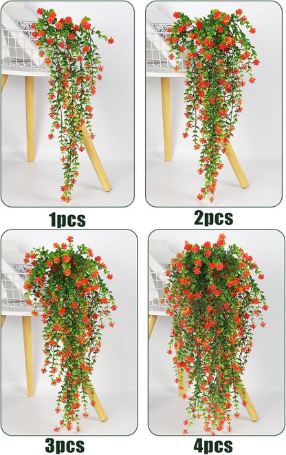 SJL Fall Artificial Hanging Plant Fall Faux Eucalyptus Leaf Fake Hanging Vines UV Resistant Fake Mums for Outdoors Faux Autumn Plants for Home Indoor Outdoor Thanksgiving Decor (Orange)