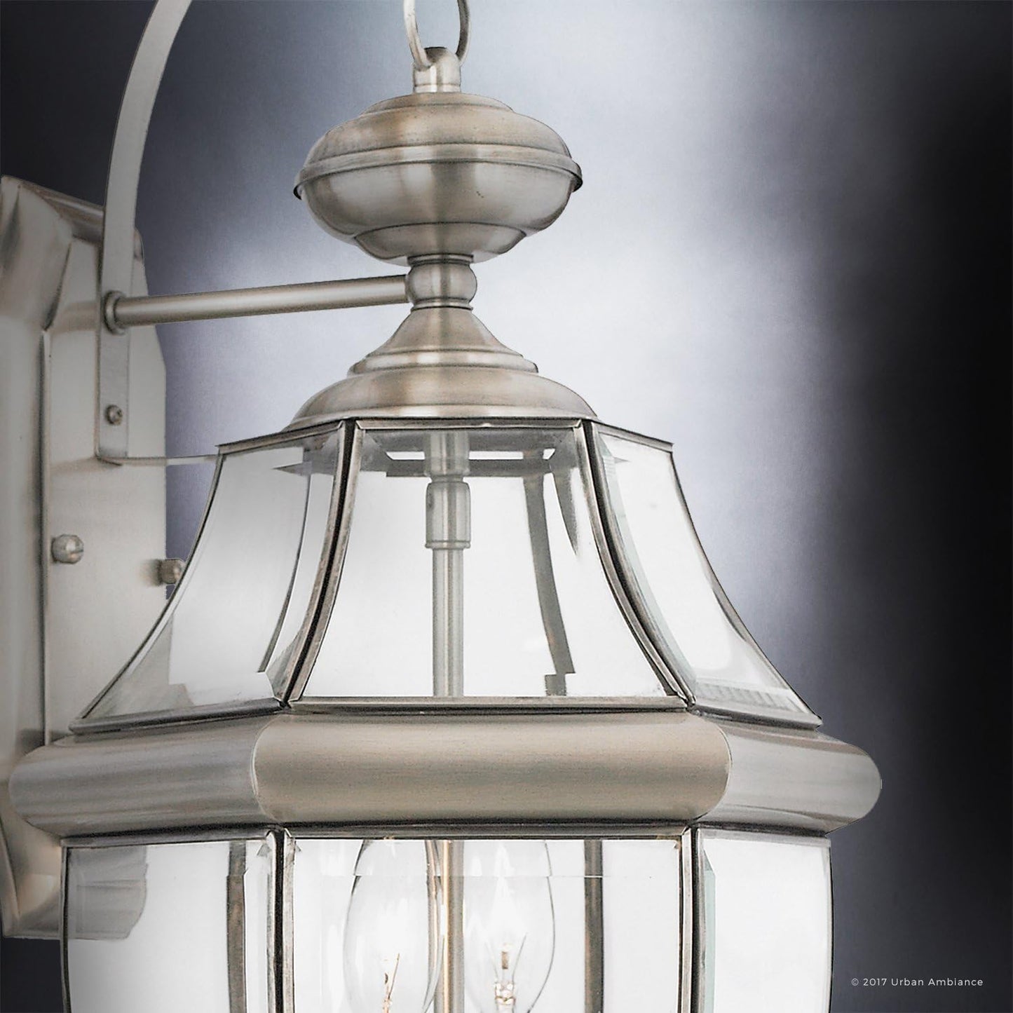 Urban Ambiance Luxury Colonial Outdoor Wall Light, Large Size: 20" H x 10.5" W, with Tudor Style Elements, Versatile Design, Classy Aged Silver Finish and Beveled Glass, UQL1145