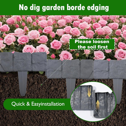 VYNTRA 20Pcs Landscape Garden Edging Border No-Dig 9 Inch Tall Flower Bed Border 16FT Length Plastic Stone-Like Textured for Fence Decorative Lawn Plastic Fencing Flexible for Patio Yard Pathway Grey