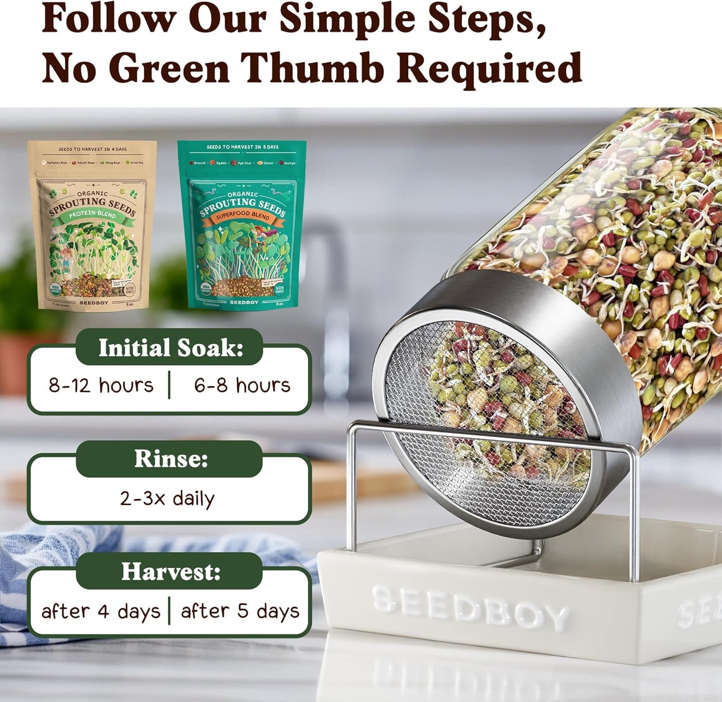 Seedboy Organic Non-GMO Sprouting Seeds, Superfood & Protein Blend – 2 Pack Bundle – USA Grown Sprouting & Microgreens Seeds – Two 8 oz Bags Makes 12 Quarts / 36 Servings (Superfood/Protein)