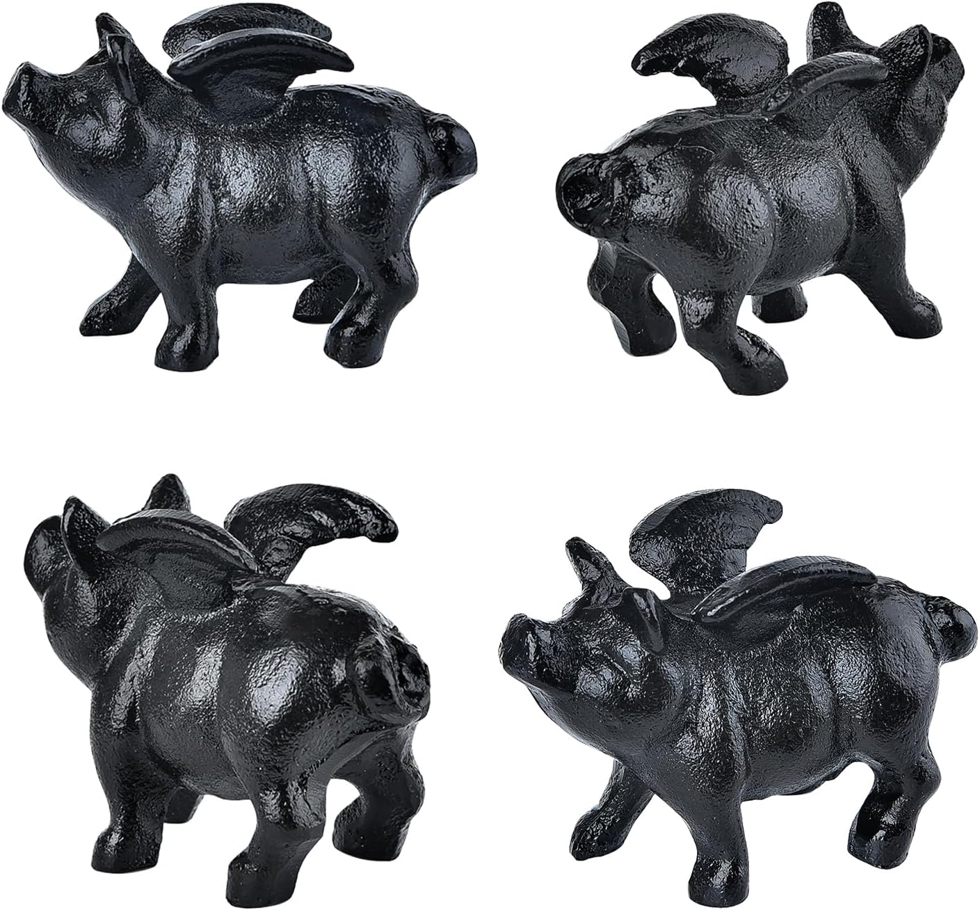 Sungmor Whimsical Cast Iron Flying Pig Statue, 2pcs Rustic Black Cute Little Piggy Paperweight, Garden Collection Figurine Home Office Desk Ornament, Indoor Outdoor Animal Statues