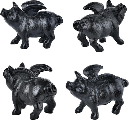 Sungmor Whimsical Cast Iron Flying Pig Statue, 2pcs Rustic Black Cute Little Piggy Paperweight, Garden Collection Figurine Home Office Desk Ornament, Indoor Outdoor Animal Statues